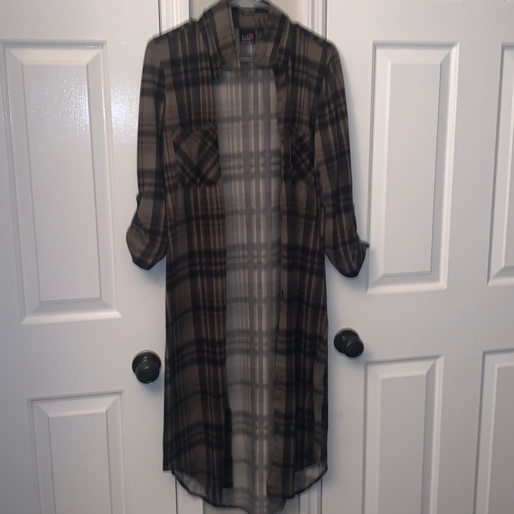 Green plaid long button up or down